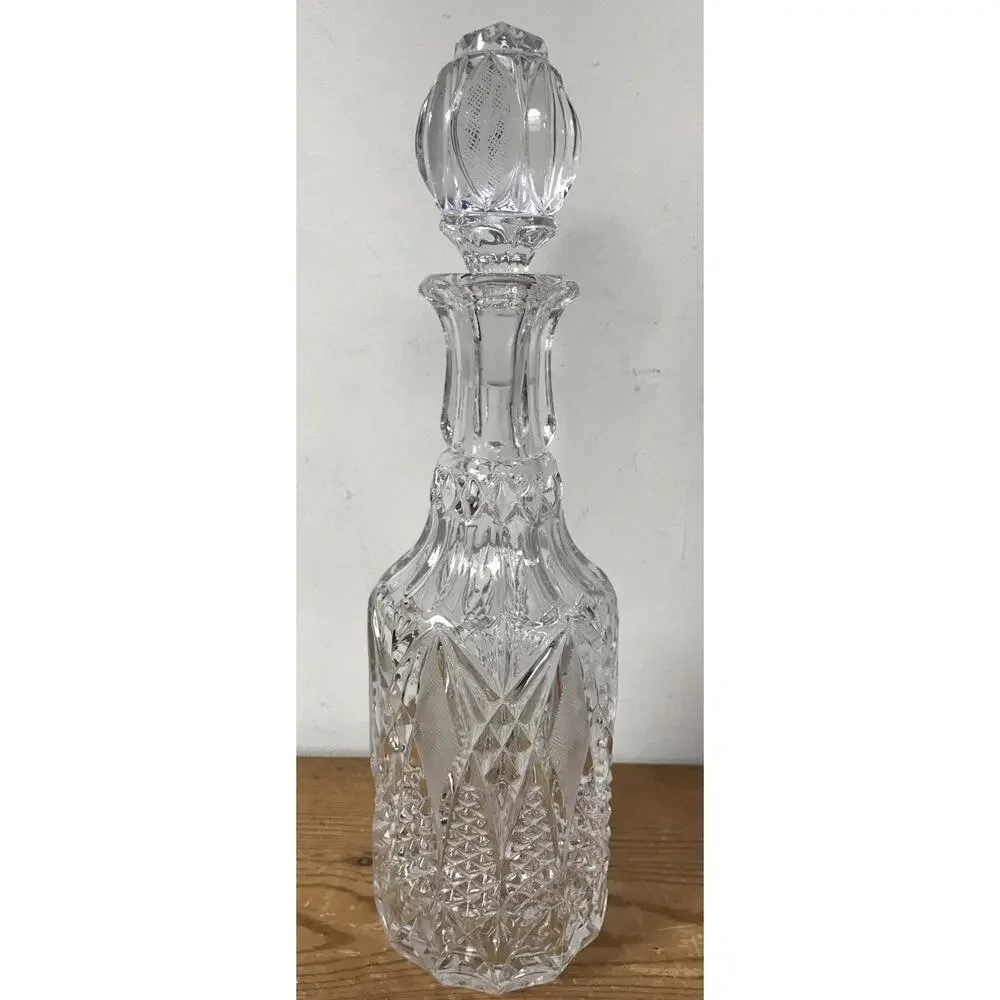 Vintage Bohemian Crystal Quilted Cut Glass Liquor Wine Decanter Bottle w Stopper